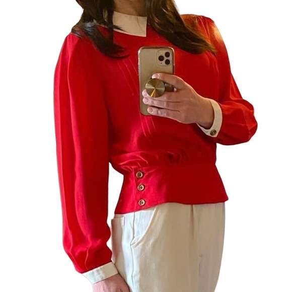 CHAUS // Vintage Red & Cream Blouse, Size 12 - Picture 3 of 7